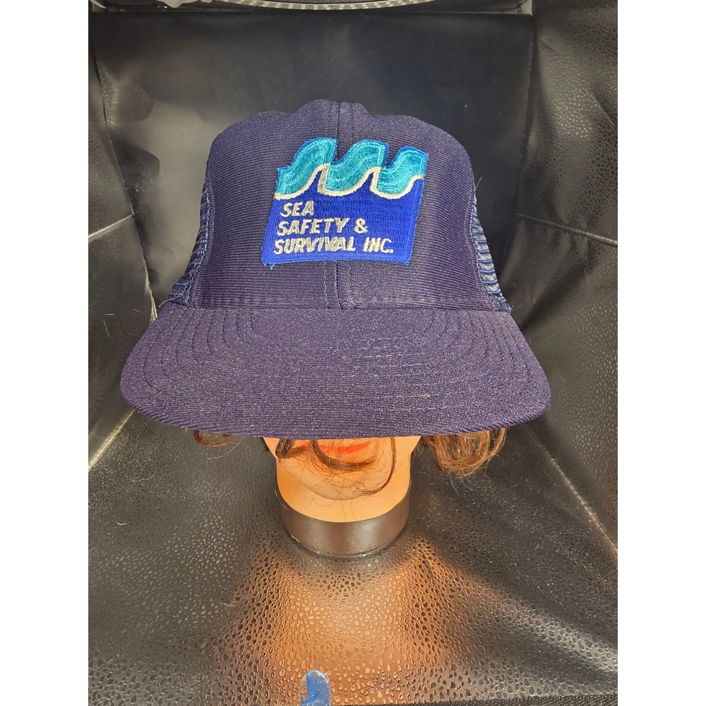 Vintage Sea Safety Survival Trucker Hat Reynolds USA Mesh Cap Navy Blue L/XL 80s